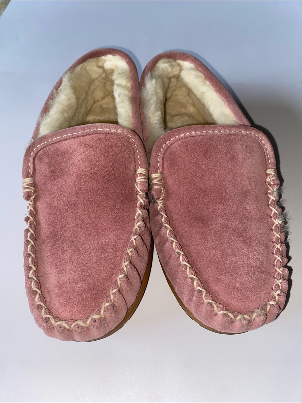 L.L. Bean Rose Pink Suede Shearling-Lined Moccasin Slippers